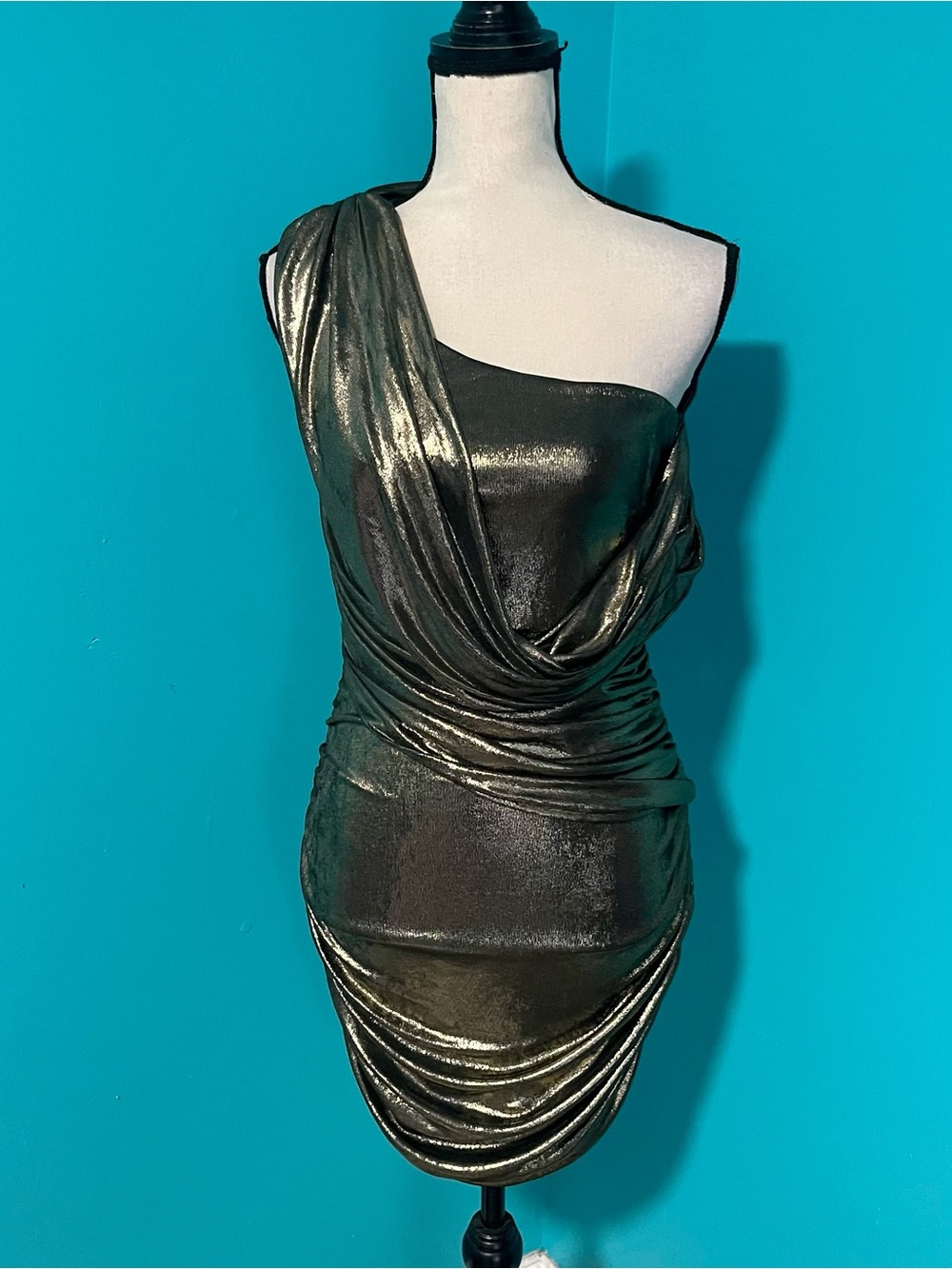 JLUXLABEL M Metallic Gold Draped One Shoulder Ruched Side Mini Dress